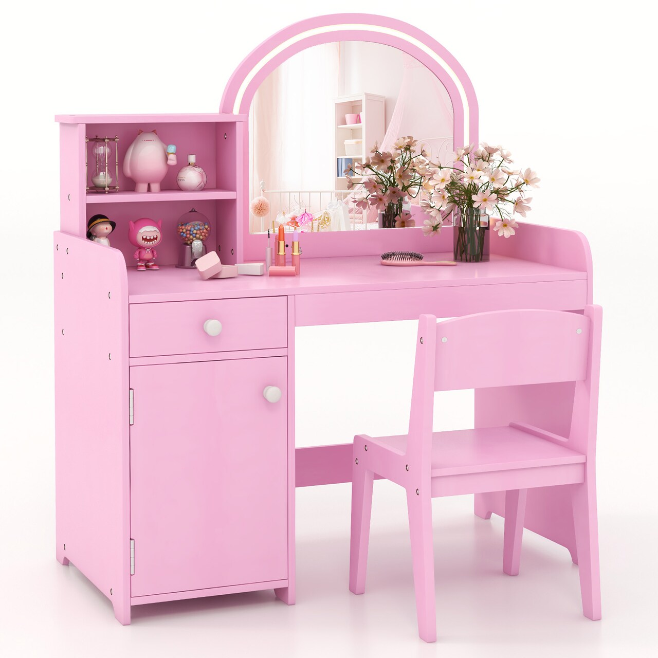 Pink Kids Vanity Table Set with LED Mirror Drawer Cabinet and Chair Perfect for Girls